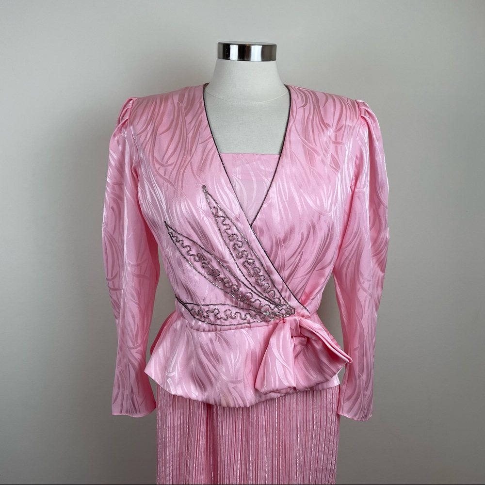 Vintage ILGWU Pink Beaded Pleated Jacket Dress Gown Women Size 12 Made In USA - Picture 4 of 9